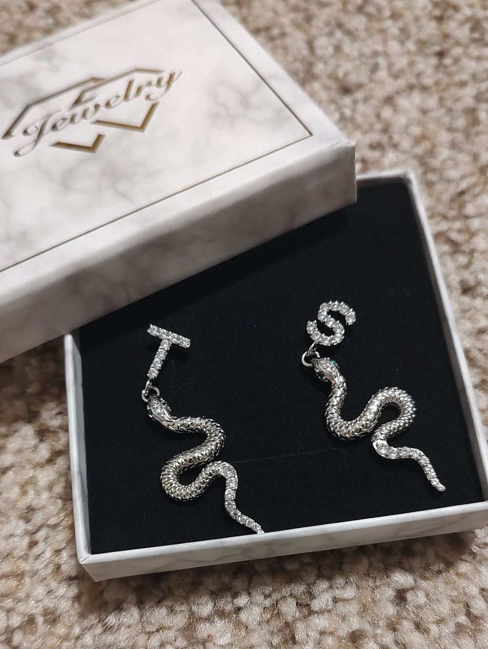 Taylor Swift Silver Snake Drop Earrings with Green Accents